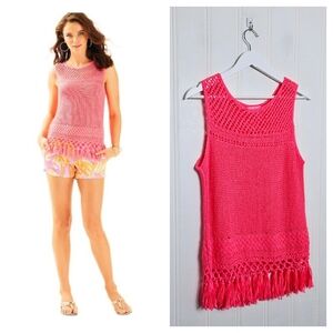 Lilly Pulitzer Pink Limon Fringe Open Weave Sweater Tank Sleeveless M